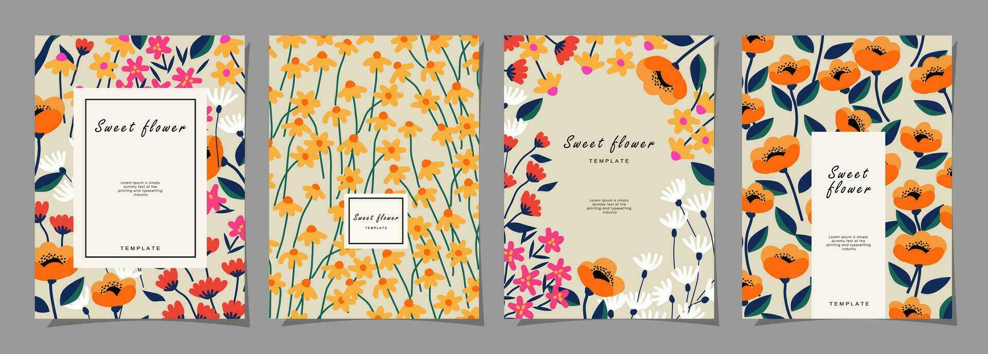 Floral template set for poster, card, cover, label, banner in modern minimalist style and simple summer design templates with flowers and plants. vector