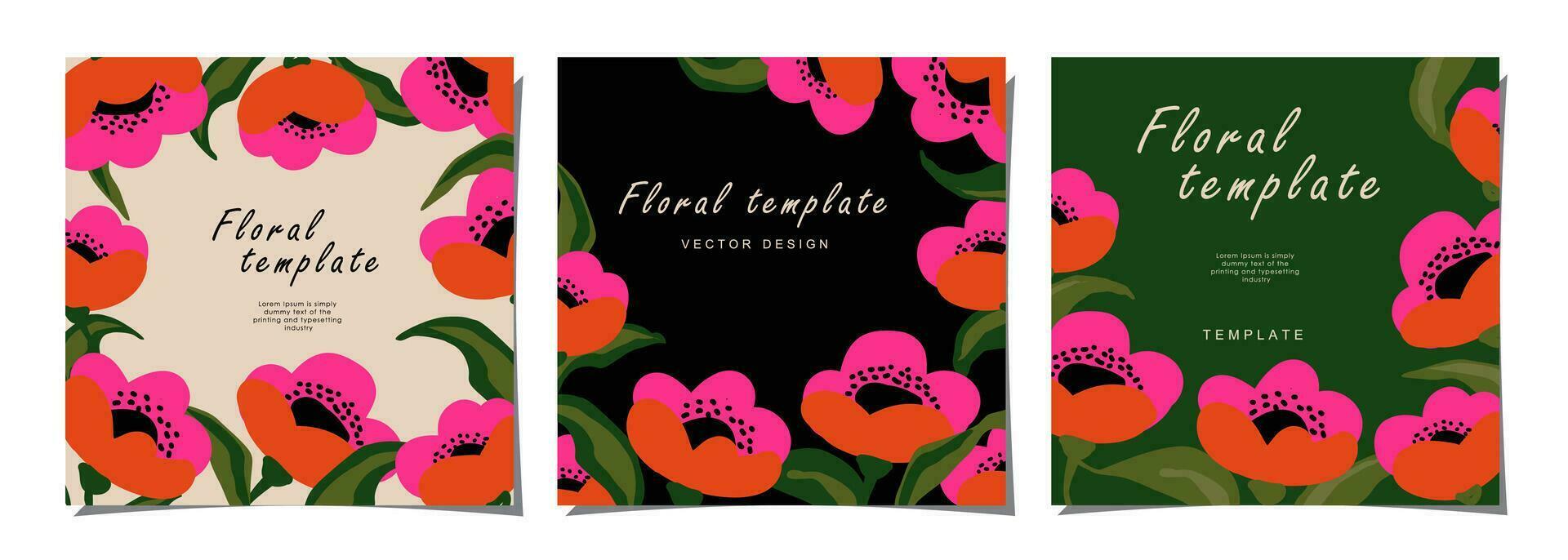 Floral template set for poster, card, cover, label, banner in modern minimalist style and simple summer design templates with flowers and plants. vector