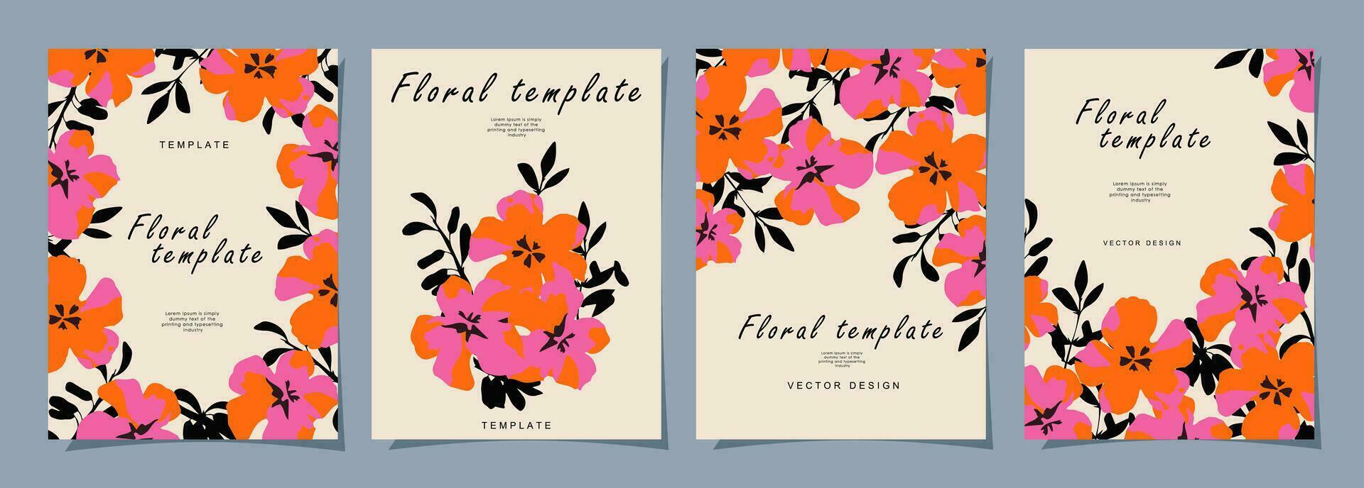 Floral template set for poster, card, cover, label, banner in modern minimalist style and simple summer design templates with flowers and plants. vector