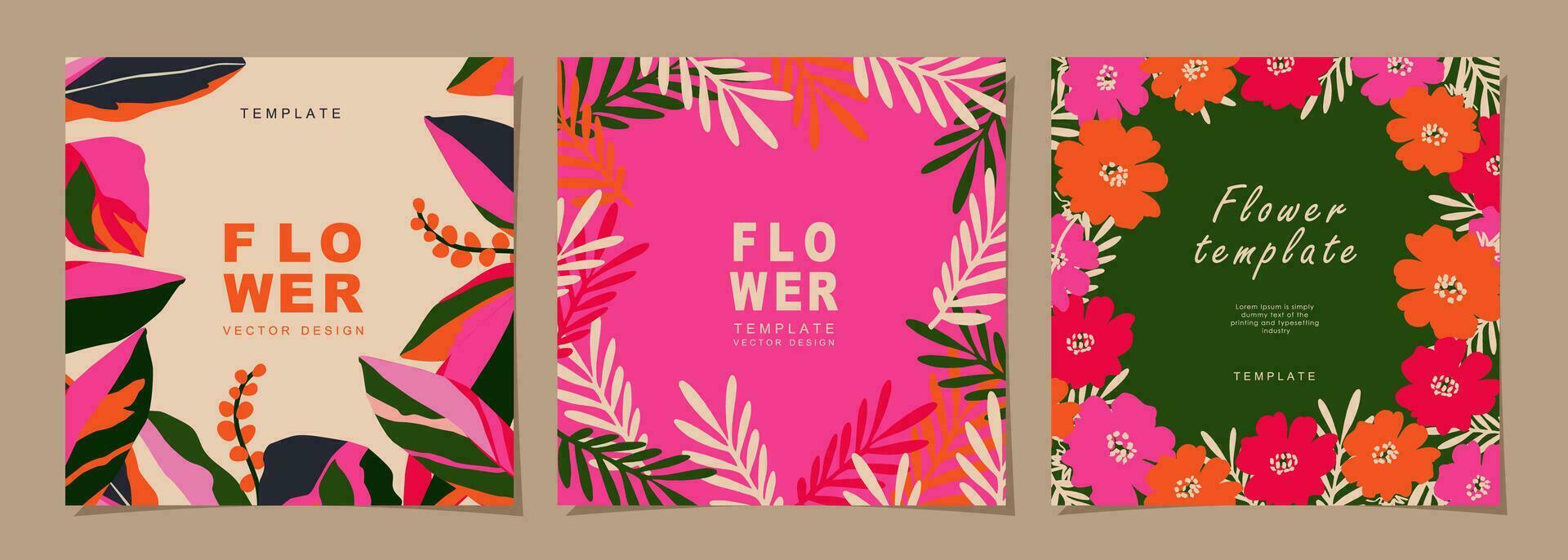 Floral template set for poster, card, cover, label, banner in modern minimalist style and simple summer design templates with flowers and plants. vector
