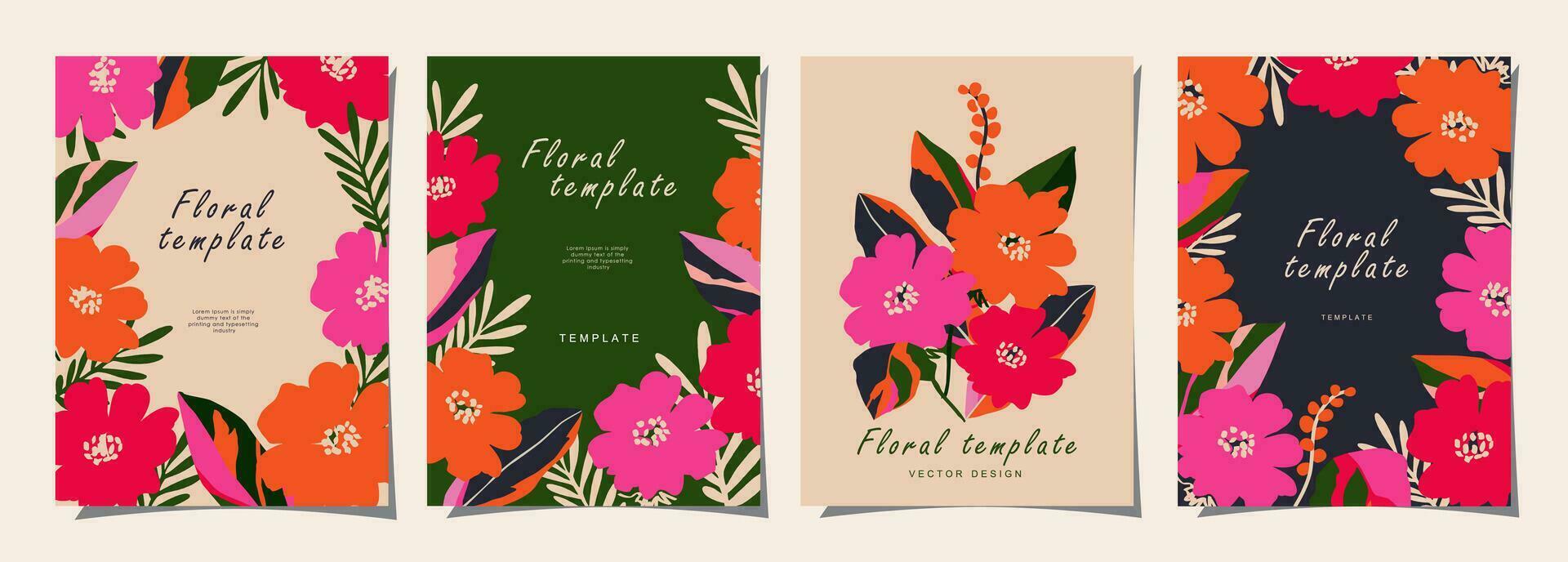 Floral template set for poster, card, cover, label, banner in modern minimalist style and simple summer design templates with flowers and plants. vector