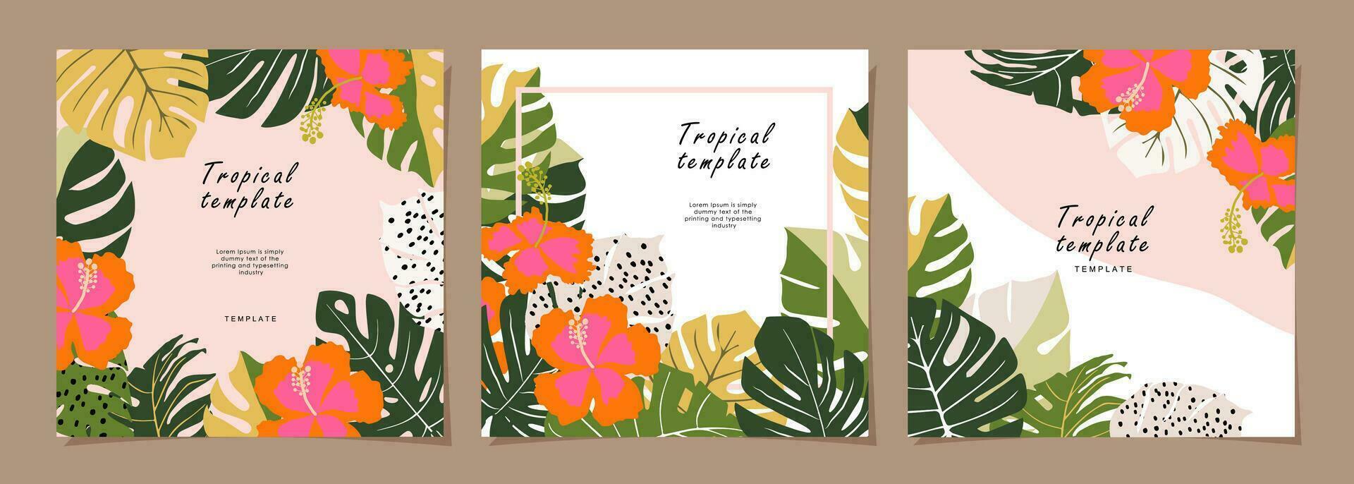 Tropical template set for poster, card, cover, label, banner in modern minimalist style and simple summer design templates with tropical leaves, flower, and plants. vector