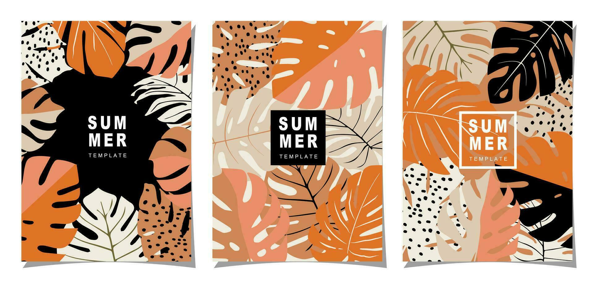 Summer template set for poster, card, cover, label, banner in modern minimalist style and simple summer design templates with tropical leaves, flower, and plants. vector