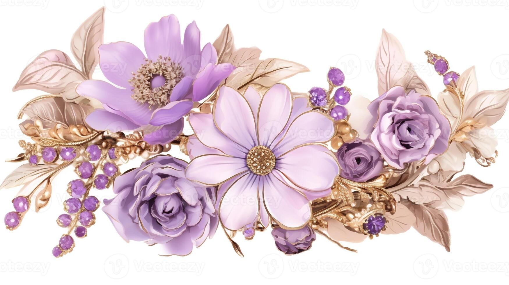 , beautiful light violet, lavender color flowers brooch, opal stone and golden color palette isolated on white background. Bijouterie, jewelry close up photo