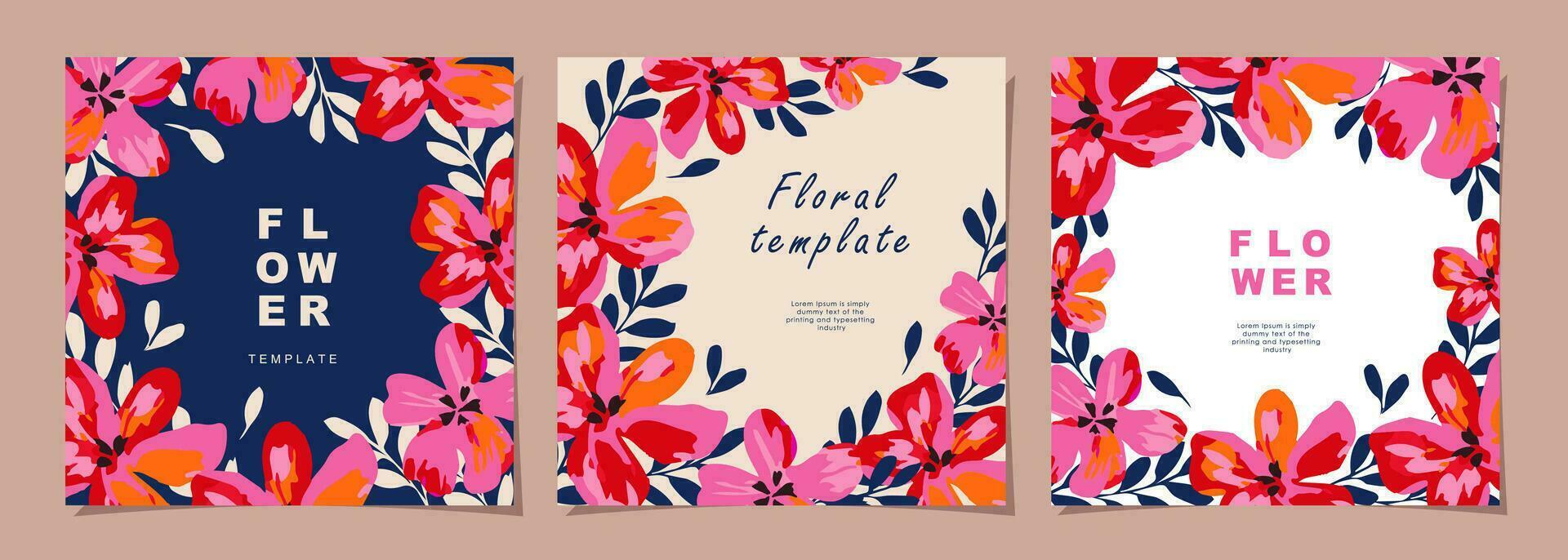 Floral template set for poster, card, cover, label, banner in modern minimalist style and simple summer design templates with flowers and plants. vector