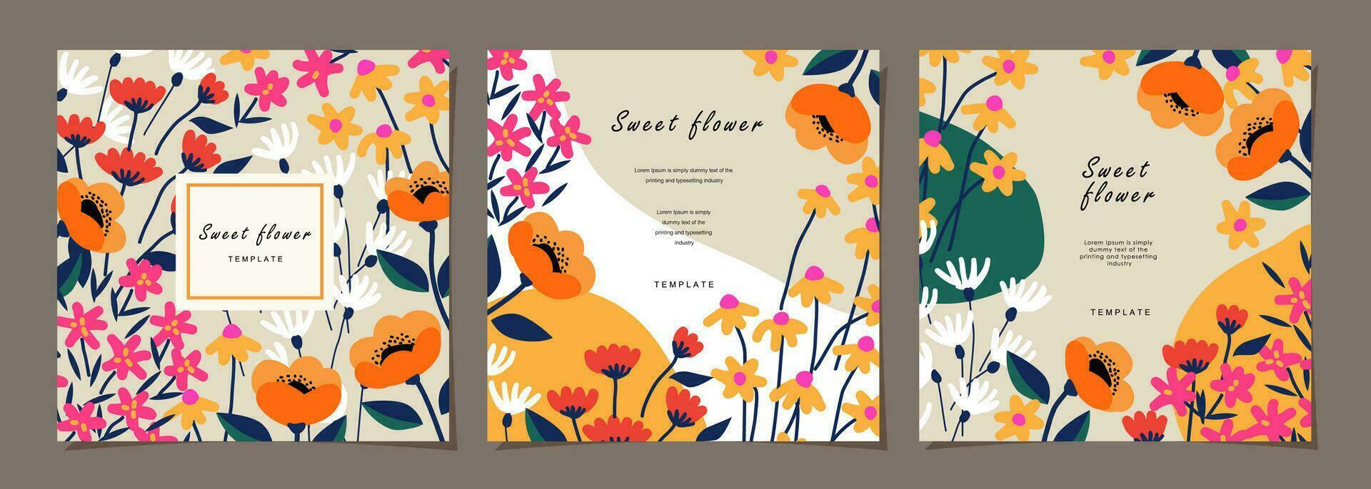 Floral template set for poster, card, cover, label, banner in modern minimalist style and simple summer design templates with flowers and plants. vector