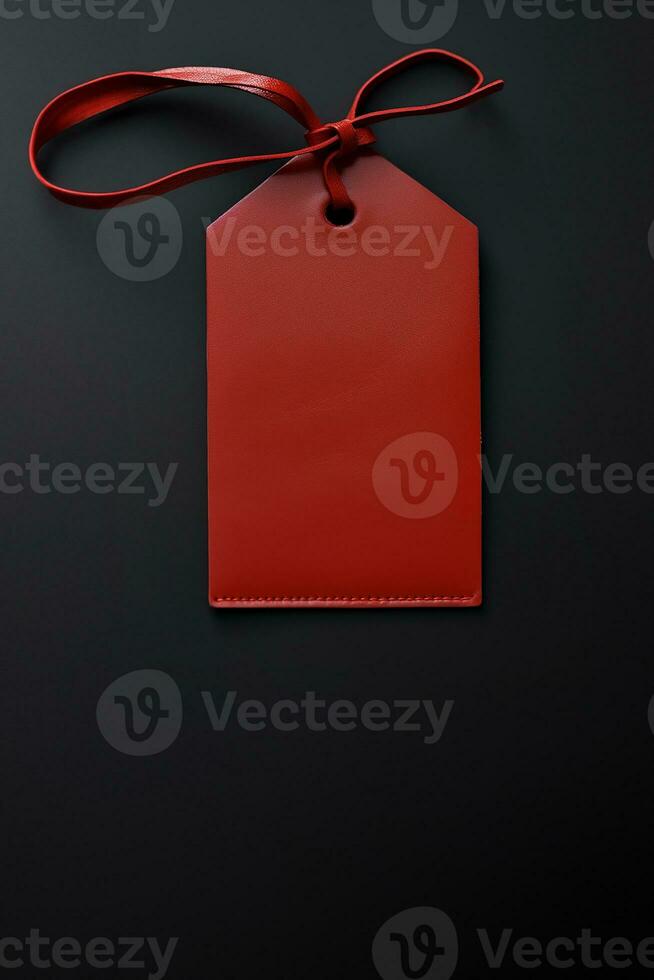 Red empty price tag on black or dark background. Black Friday concept, template copyspace photo