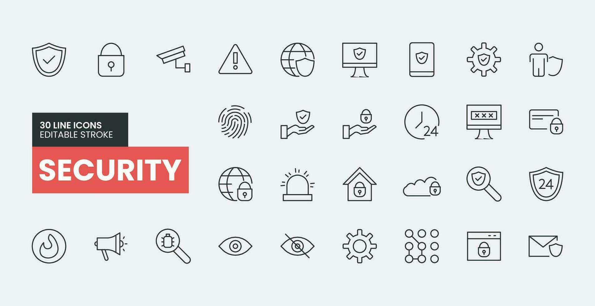 Set of 30 Outline Security Icons with Editable Stroke. Includes icons digital lock, cyber security, password, smart home, computer security, fingerprint and more. vector