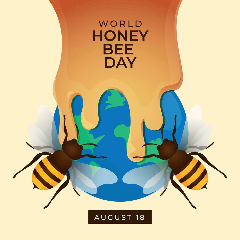 World honey bee day design template suitable for celebration. Honey bee vector design. Bee illustration. Flat design. Honeycomb icon. Globe icon.