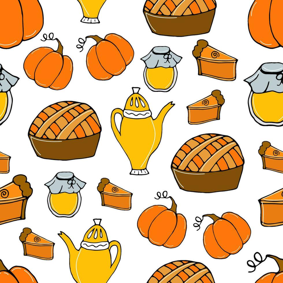 vector doodle illustration, seamless pattern - pumpkin pie with tea, honey and pumpkins on a white background. For packaging, wallpaper, web design, textile on autumn theme and Thanksgiving holiday