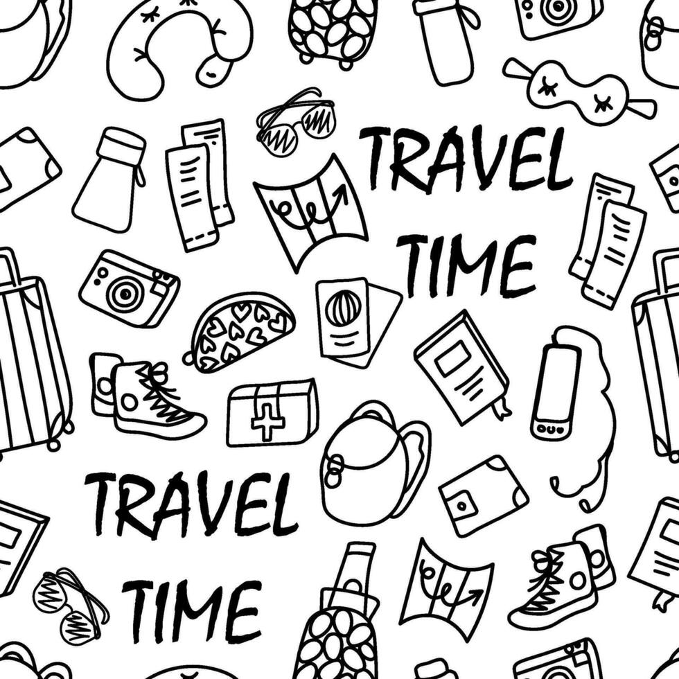 vector doodle illustration, black line seamless pattern on white background - a set of items for travel, tourism with the inscription travel time. For packaging, wallpaper, web design