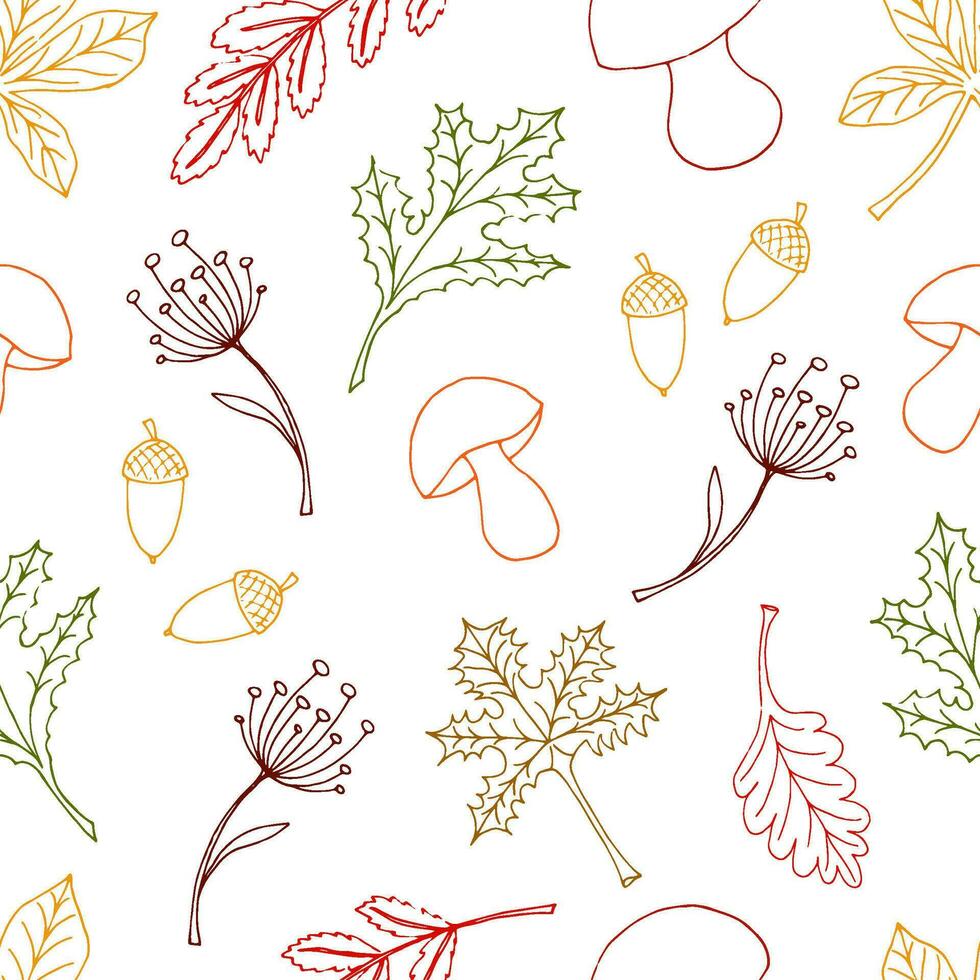 vector illustration of a seamless pattern doodle contour autumn leaves, mushrooms and acorns on a white background