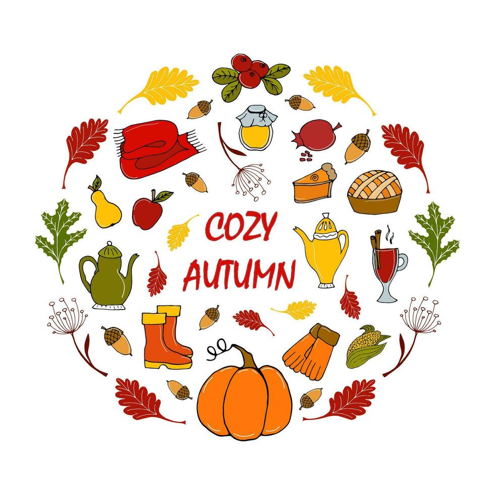 composition in a circle of warm clothes, food, twigs and leaves with the inscription cozy autumn - vector illustration, thanksgiving greeting card