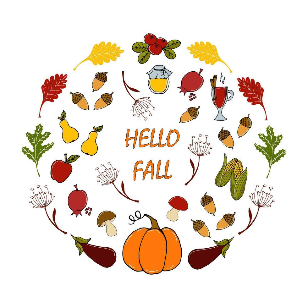 autumn composition in a circle of vegetables, fruits, twigs and leaves with the inscription hello fall - vector illustration, thanksgiving day greeting card