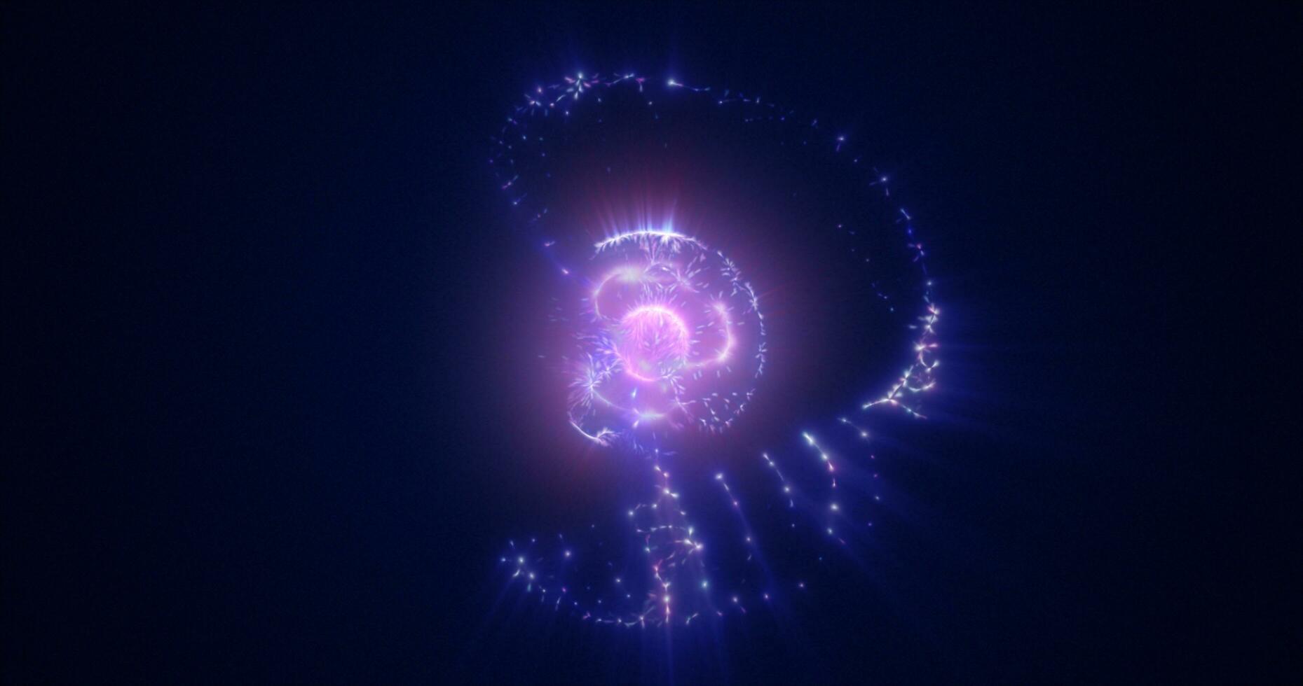 Abstract purple energy sphere with flying glowing bright particles, science futuristic atom with electrons hi-tech background photo