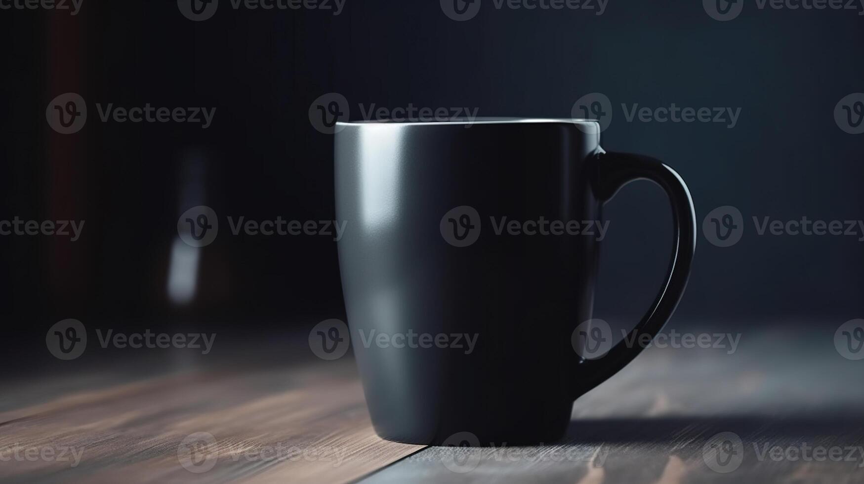 Generative AI, Black ceramic cup set-up in at home interior, mug mock up blank. photo