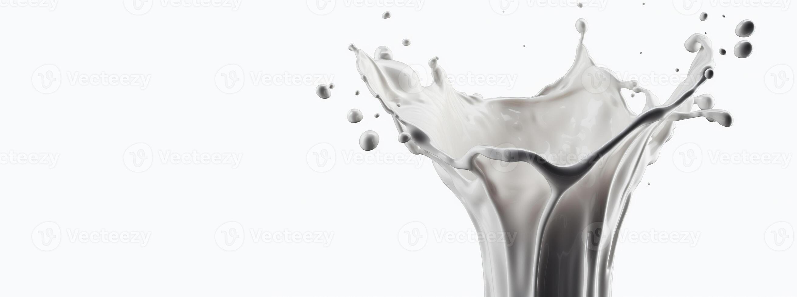 Generative AI, Flowing liquid with splashes in white color. Glossy creamy milk fluid banner, 3D effect, modern macro photorealistic abstract background illustration.. photo