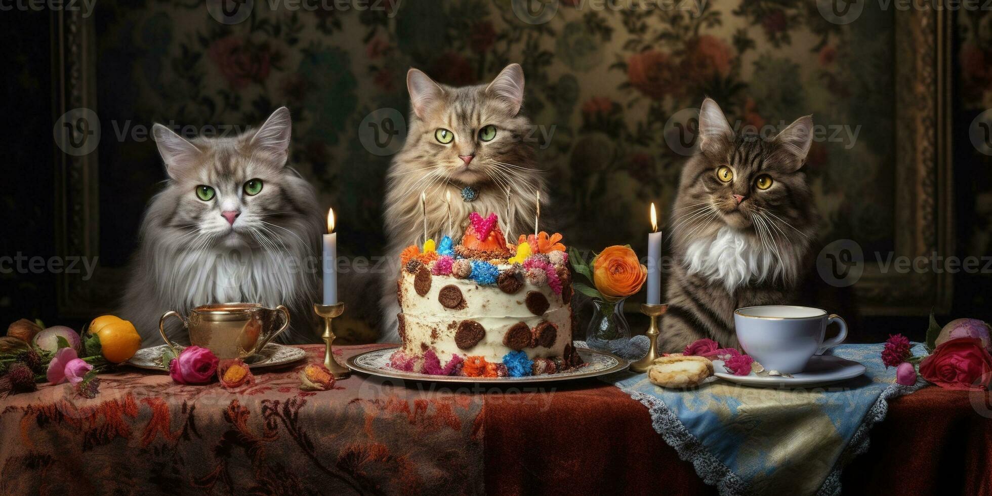 Generative AI, Cat birthday party, cake with a candles photo