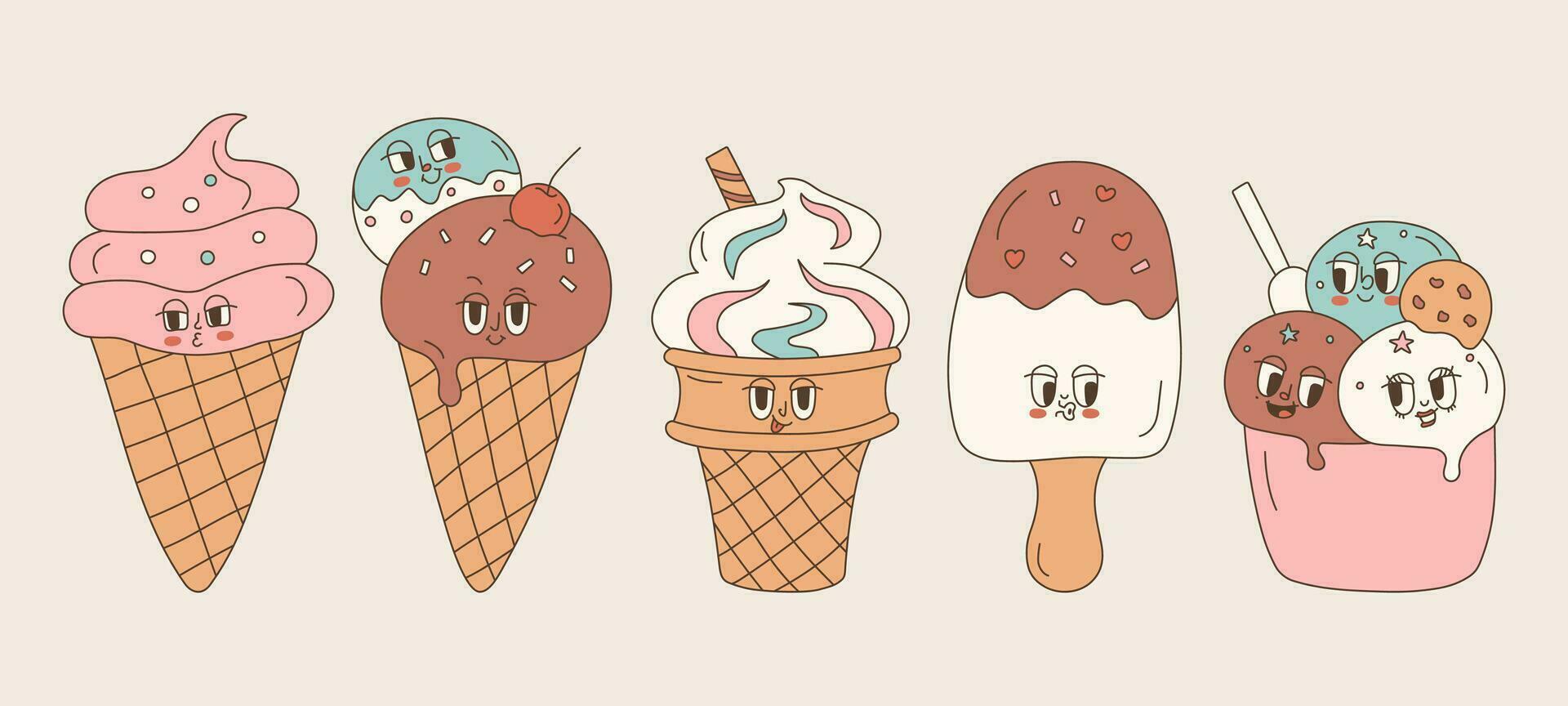 Ice cream set in groovy style. Funny cartoon retro characters with faces of the 70s. Vector Illustration