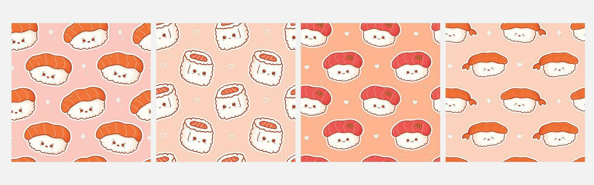 Set of kawaii seamless patterns with sushi with happy face. Cute prints asian food in cartoon style for phone case, backgrounds, fashion, wrapping paper and textile. Vector Illustration