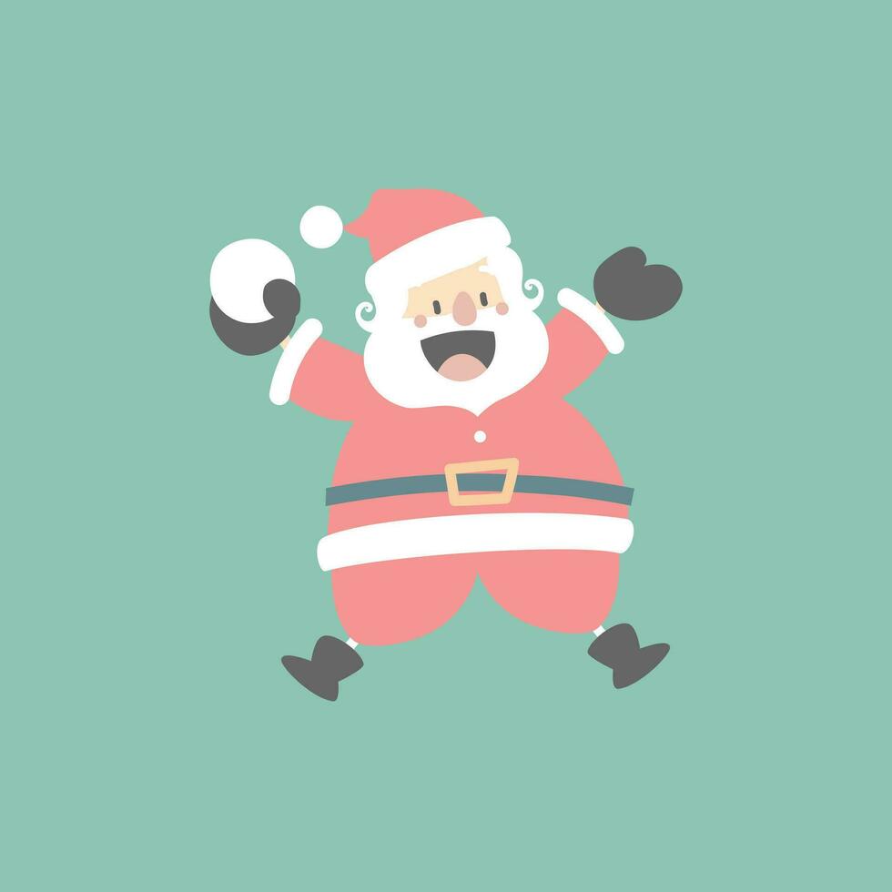 merry christmas and happy new year with cute santa claus and snowball in the winter season green background, flat vector illustration cartoon character costume design