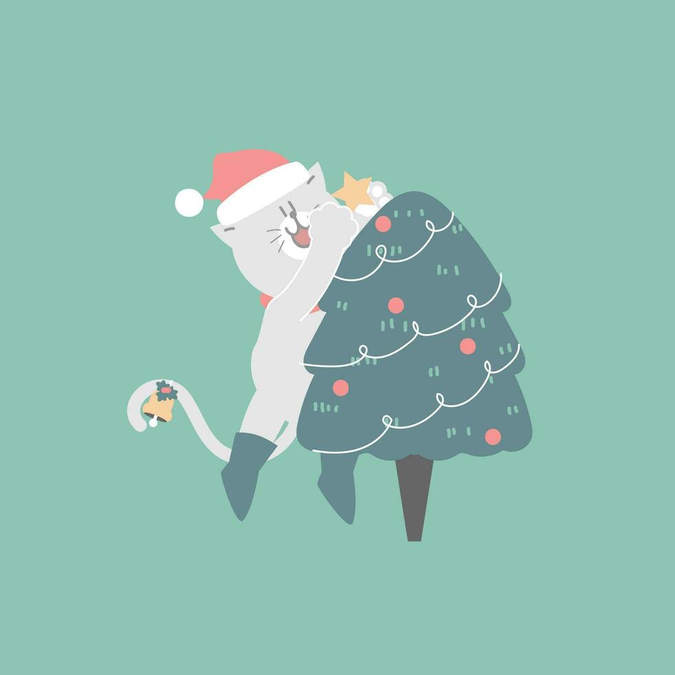 alegre Navidad y contento nuevo año con linda gato y Navidad árbol pino en el invierno temporada verde fondo, plano vector ilustración dibujos animados personaje disfraz diseño