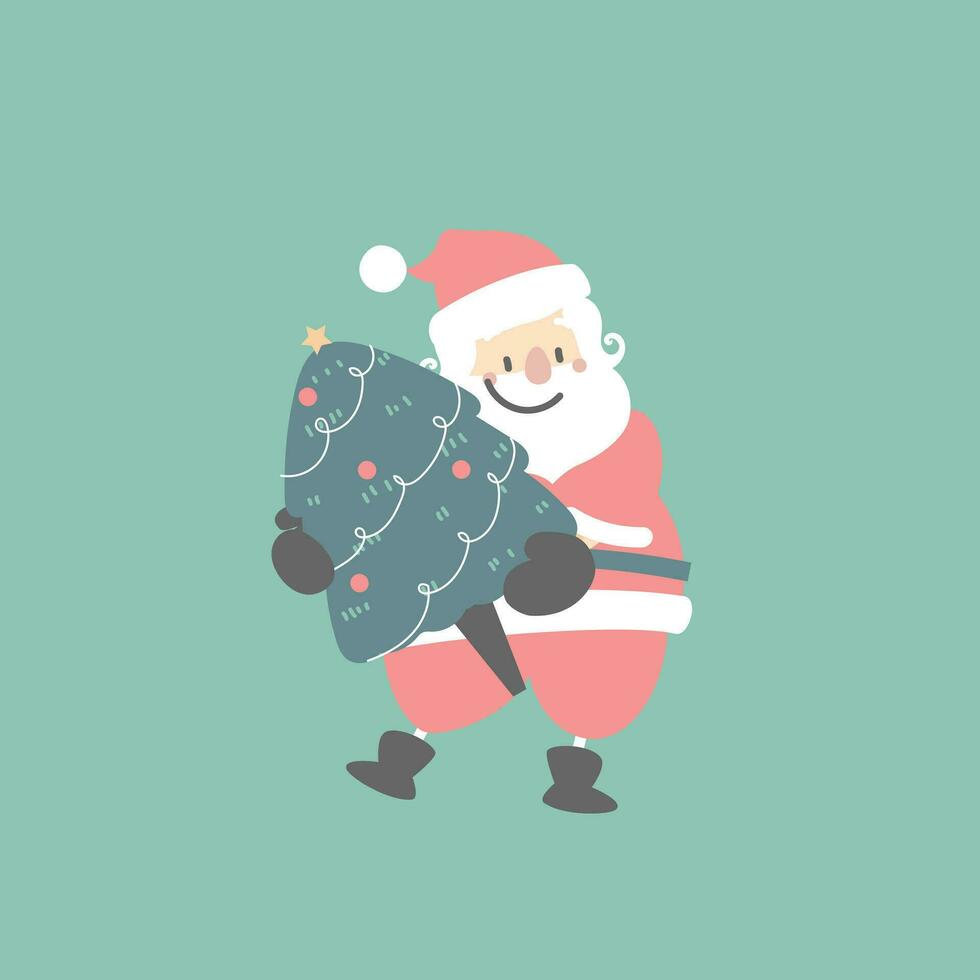 merry christmas and happy new year with cute santa claus holding christmas tree pine in the winter season green background, flat vector illustration cartoon character costume design