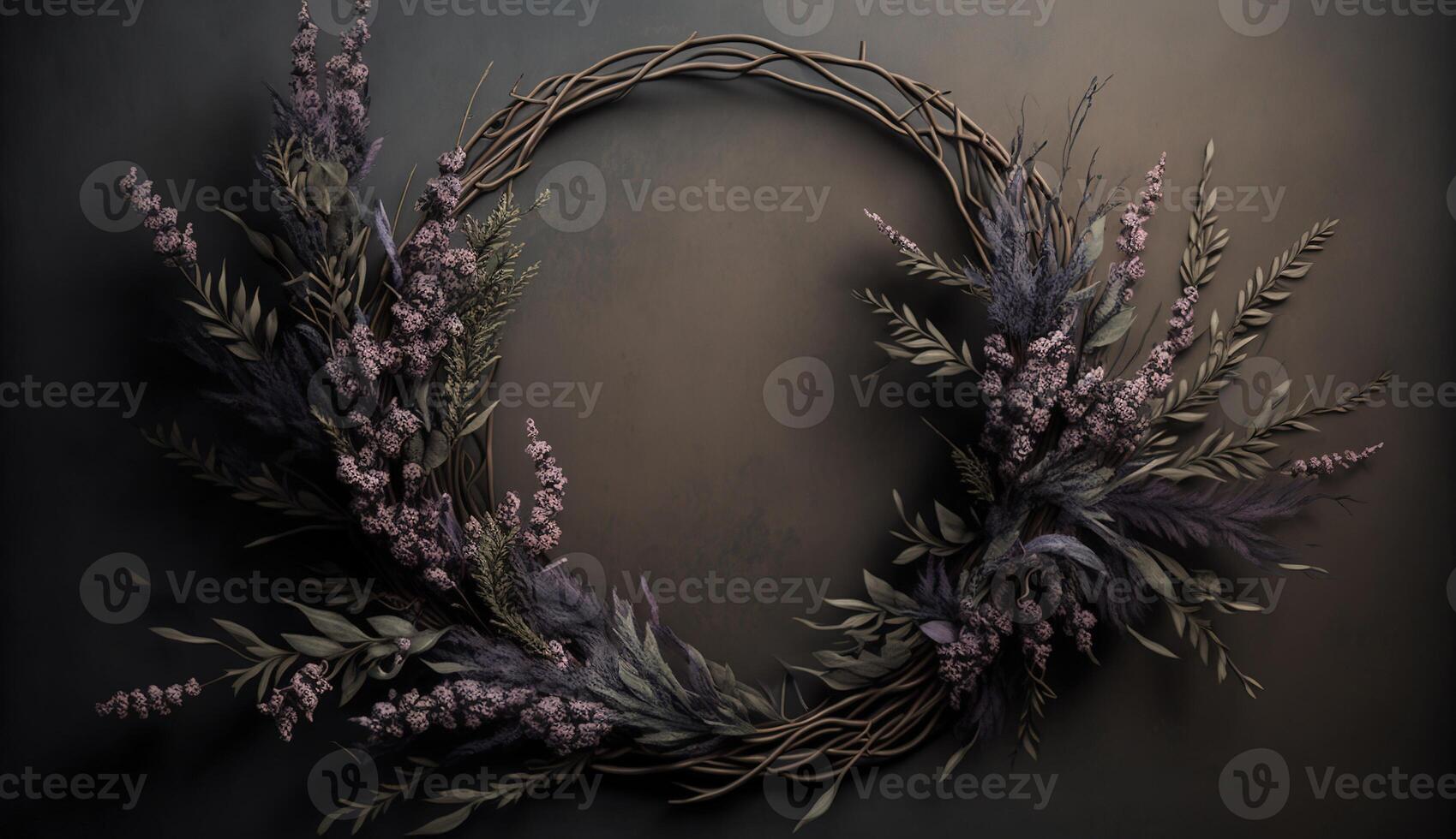 Generative AI, Close up of blooming flowerbeds of amazing lavender purple flowers wreath on dark moody floral textured background, copy space. photo