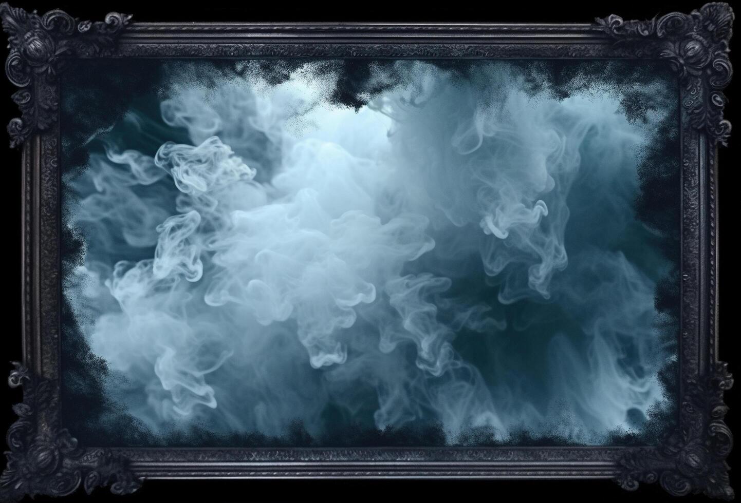 , Blue flowing smoke around empty vintage beautiful frame. Copy space, frame mock up blank photo