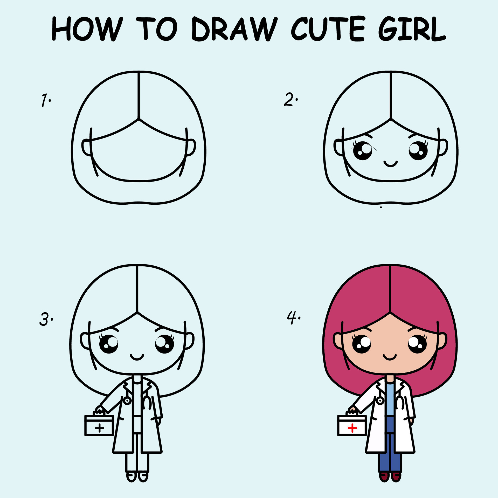 Step by step to draw a cute girl. Drawing tutorial a cute girl. Drawing  lesson for children. Vector illustration 26536867 Vector Art at Vecteezy