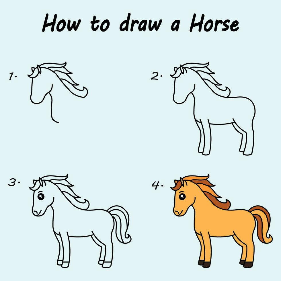 Step by step to draw a Horse. Drawing tutorial a Horse. Drawing lesson for children. Vector illustration.