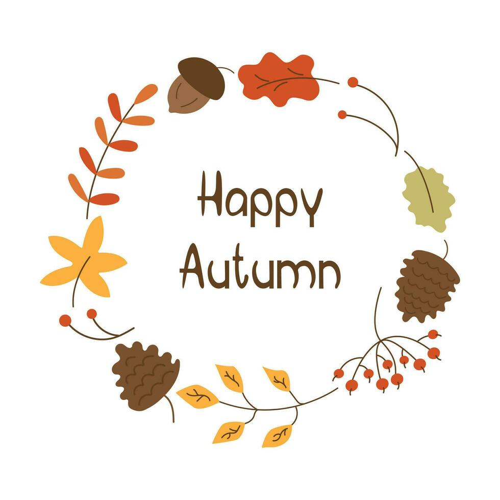 Round frame from autumn leaves, cones and acorns vector isolated