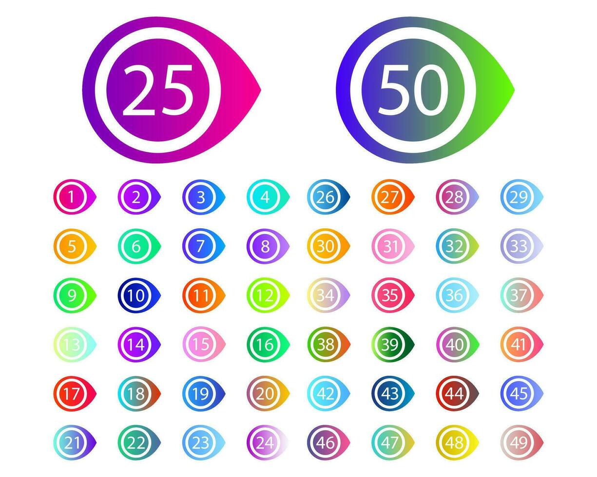 Bullet Points Collection. Colorful Number Icons from One to Fifty flat vector. vector