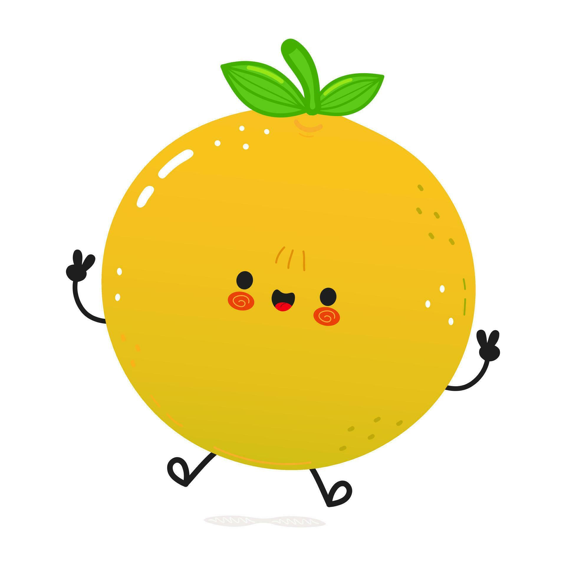 Grapefruit jumping character. Vector hand drawn cartoon kawaii