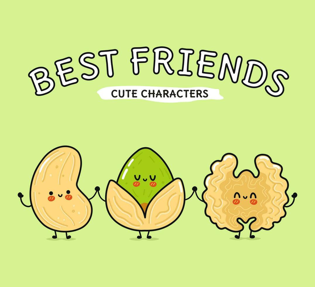 Cute, funny happy Walnut, pistachio and cashews nut. Vector hand drawn cartoon kawaii characters, illustration icon. Funny happy cartoon Walnut, pistachio and cashew nut mascot friends concept