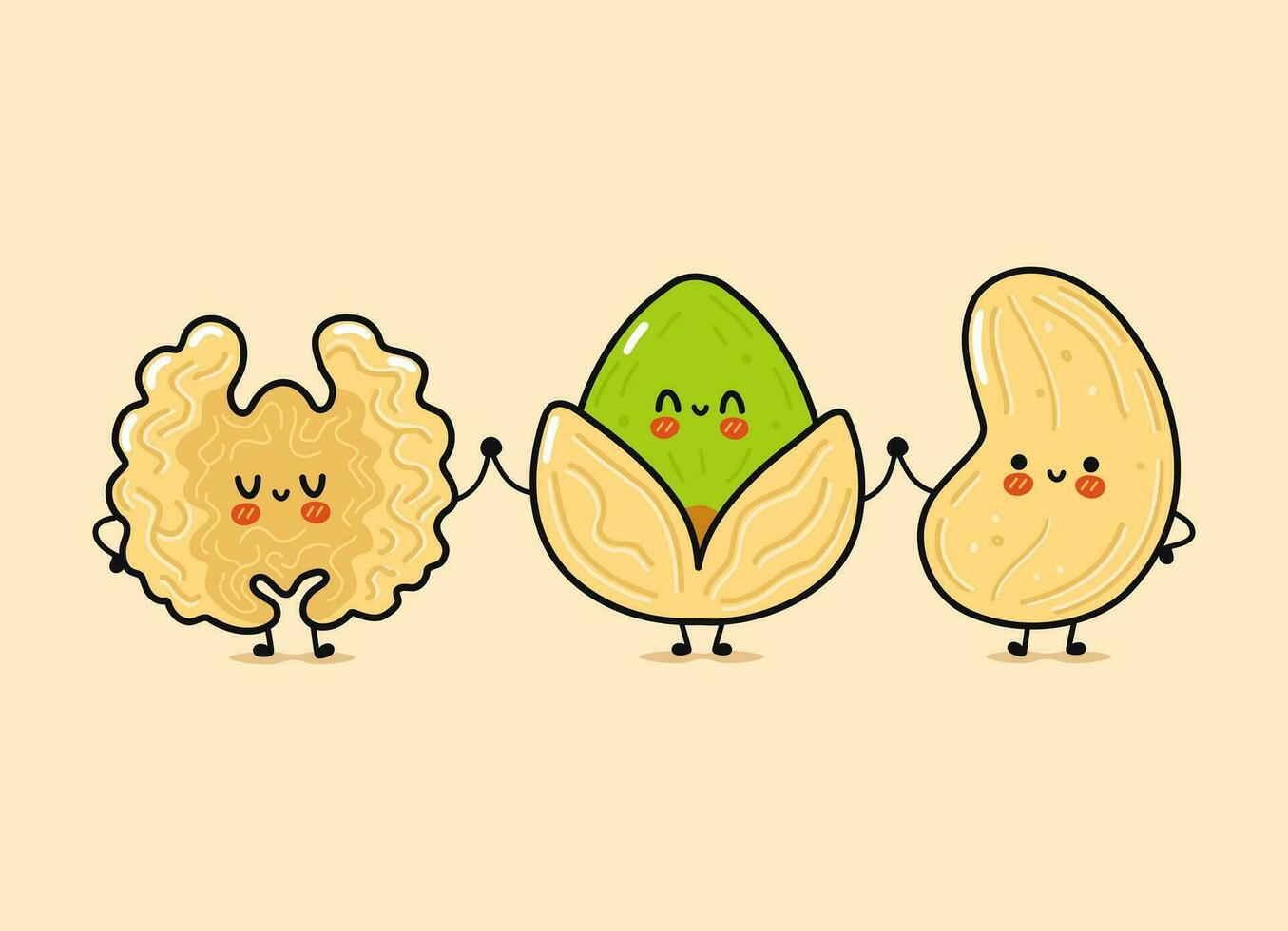 Cute, funny happy Walnut, pistachio and cashews nut. Vector hand drawn cartoon kawaii characters, illustration icon. Funny happy cartoon Walnut, pistachio and cashew nut mascot friends concept