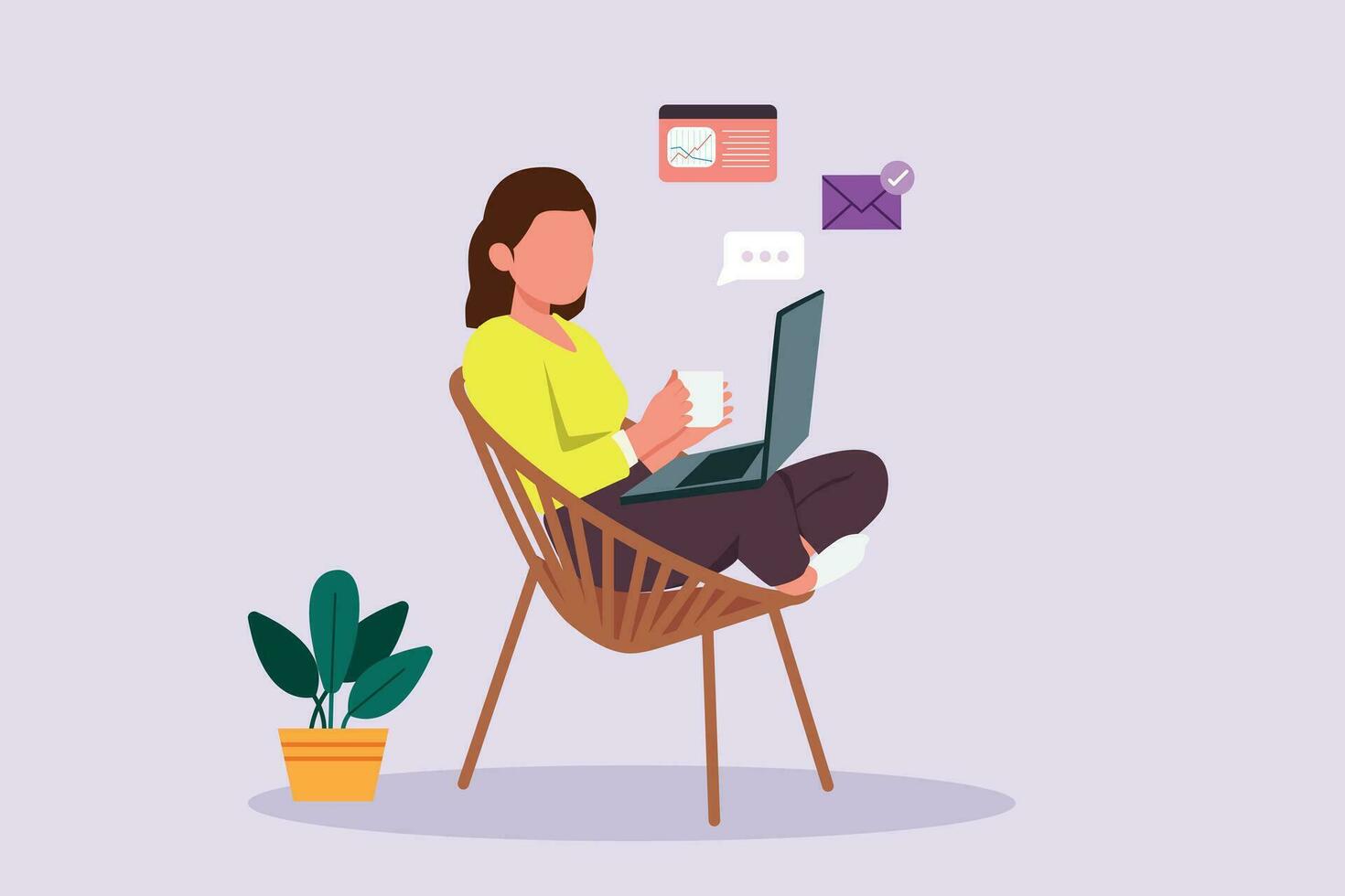 Freelancer working from home or beach at relaxed pace, convenient workplace concept. Colored flat vector illustration isolated.