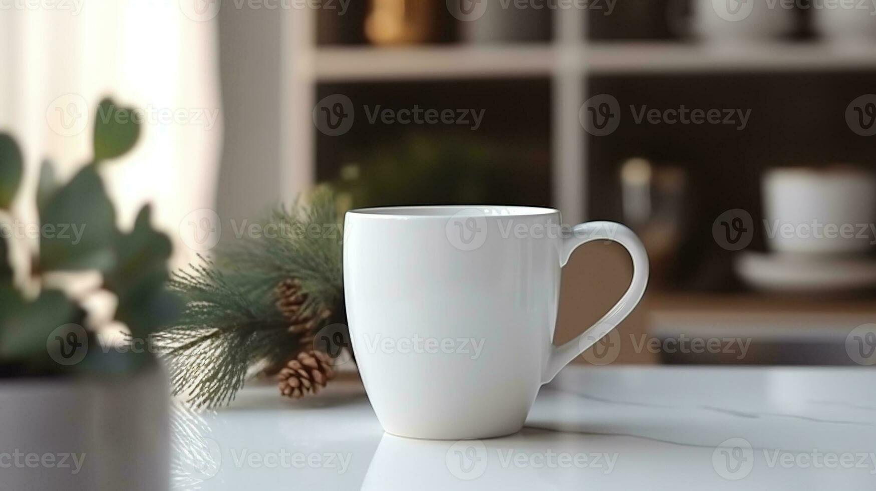 Generative AI, White ceramic cup set-up in at home interior, mug mock up blank.. photo