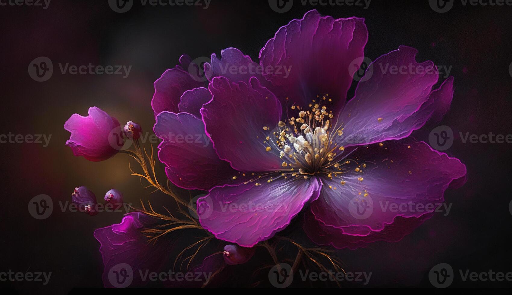 , Close up of blooming flowerbeds of amazing viva magenta flowers on dark moody floral textured background with golden particles. Photorealistic paint effect. photo