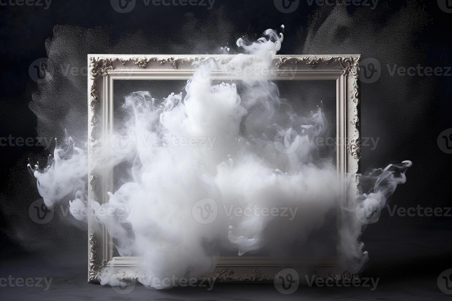 Generative AI, White powder splash and smoke around empty vintage beautiful frame. photo