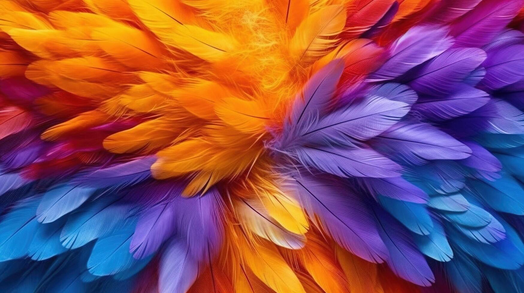 Generative AI, Beautiful rainbow colorful closeup feathers, photorealistic background, top view, aerial view. Small fluffy, inspired by Andreas Gursky and Andy Goldsworthy photo