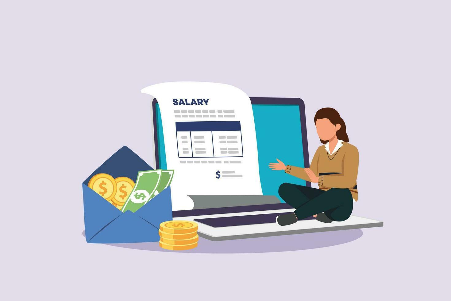 Freelancer filling invoice, distance job payroll, money transfer online, remote work payment, get salary on bank account concept. Colored flat vector illustration isolated.