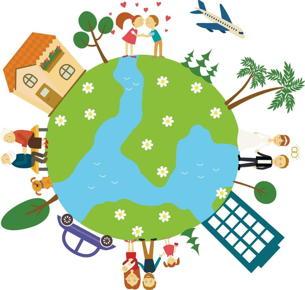 Planet Earth with painted trees, the houses, the cars, the people around him vector