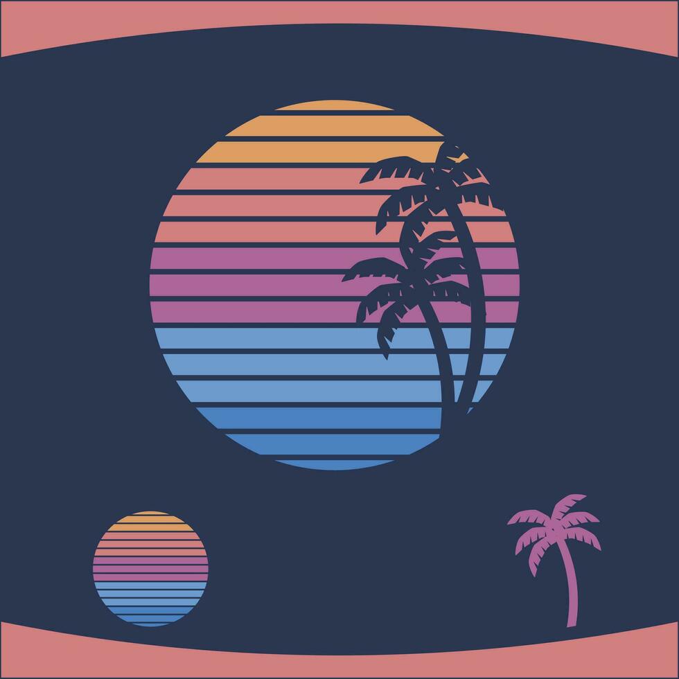 Sunset Beach Palm Tree Lofi Logo Vector