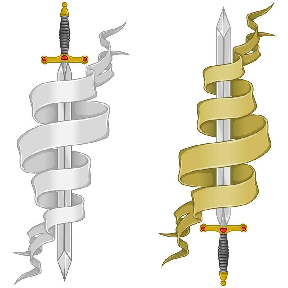 Ancient sword surrounded by a scroll vector