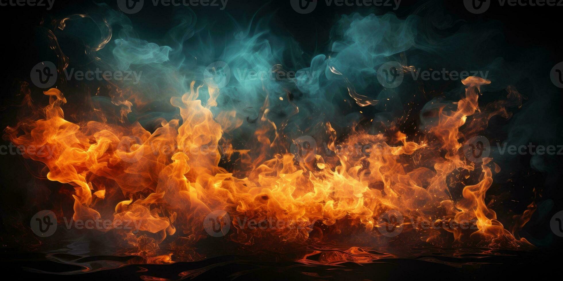 Fire flames and smoke on black background. Generative AI photo