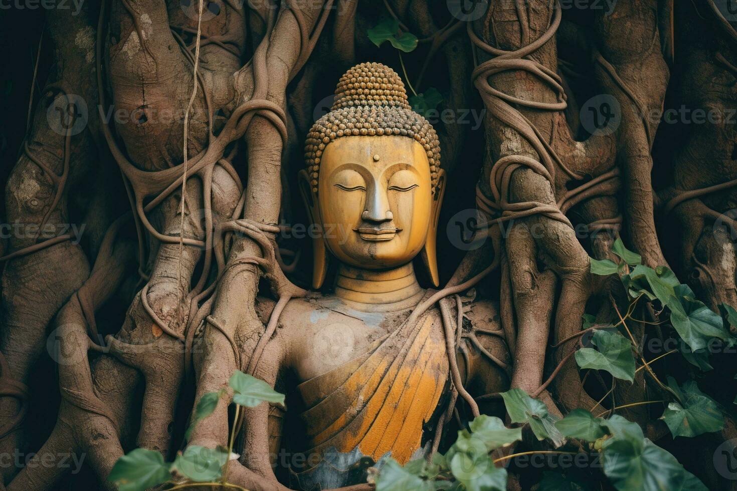 Ancient buddha statue under big tree. Generative AI photo