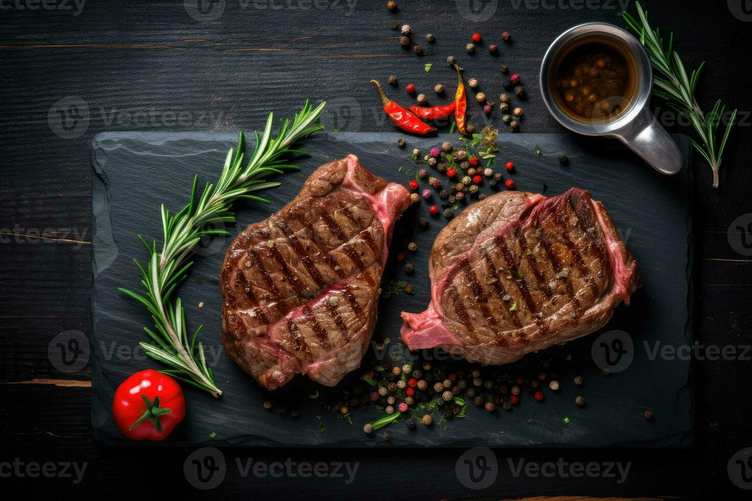 Sliced grilled meat steak with spices rosemary and pepper on black marble board photo