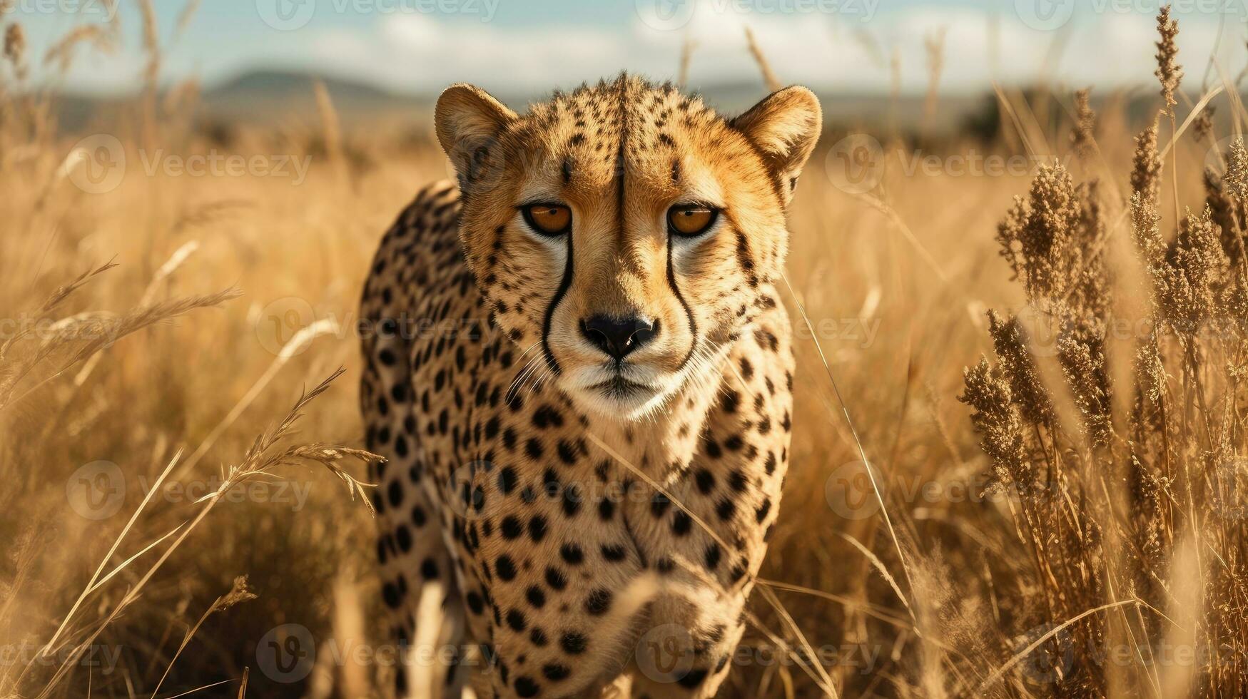 guepardo, acinonyx jubatus soportes en largo césped en sabana. generativo ai foto