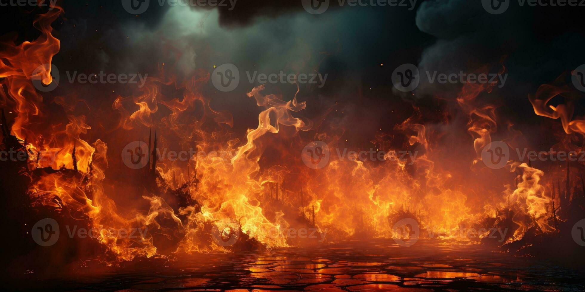 Fire flames and smoke on black background. Generative AI photo